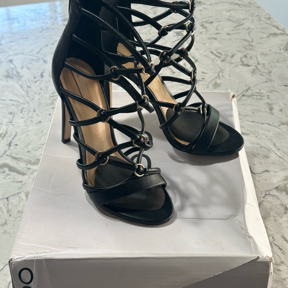 Aldo Black Strappy Heels with Gold Accents